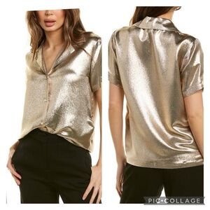 - NWT Maje Cilur Metallic Silk-Blend Shirt small short sleeve button up